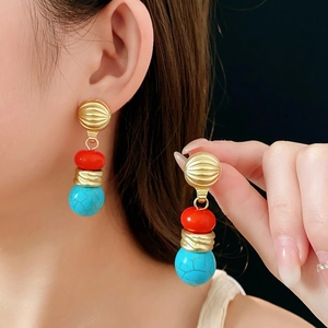 Vintage irregular geometric drop earrings in gold with red and blue beads for women