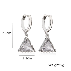 Detail showing dimensions of silver triangle zircon drop earrings with size and weight info