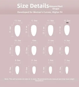Detailed size chart for almond shape press-on nails featuring 12 different dimensions