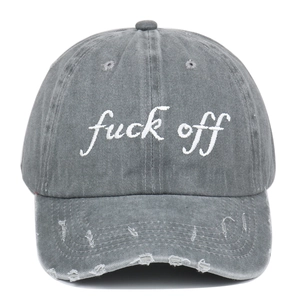 Distressed grey baseball cap with fuck off embroidery in retro street style design