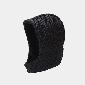 Detail of black quilted balaclava showing the textured V-pattern and warm thermal fabric
