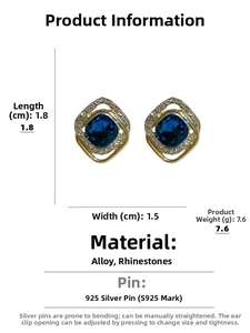 Close-up of vintage square earrings with blue gemstone and S925 silver needle details