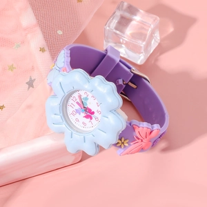 Detailed close-up of a purple silicone kids watch with pink 3D butterfly and floral designs