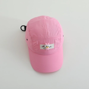 Pink kids quick-dry camper cap featuring a cute yellow duck and heart pattern