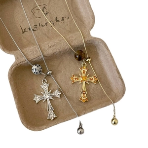 Tiger eye stone cross pendant necklaces in gold and silver finish with crystal inlay