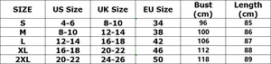 Detaillierte Größentabelle für figurbetontes Etuikleid mit US, UK und EU Maßen