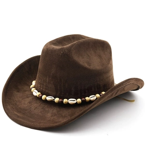 Chapeau De Cowboy Occidental Faux Daim Large Bord Protection Solaire Bohème Coquillage Perles De Bois Hommes Femmes