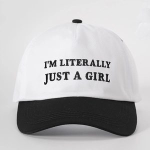 Two-tone baseball cap with I'M LITERALLY JUST A GIRL embroidery in black and white