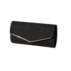 Elegant black glitter evening clutch bag with V-shaped gold metal trim and flap closure