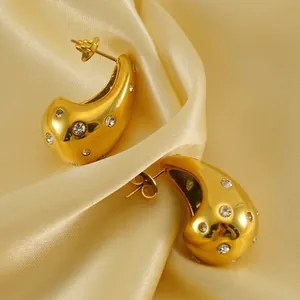 Chunky Waterdrop Stud Earrings 18K Gold Plated Stainless Steel With Clear Rhinestones Geometric Fashion For Women