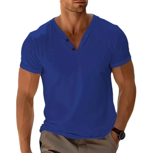 T-shirt de sport respirant pour hommes avec col en V bleu et boutons style henley