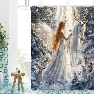 Detailed Christmas shower curtain with a fairy and unicorn in a winter snowy forest