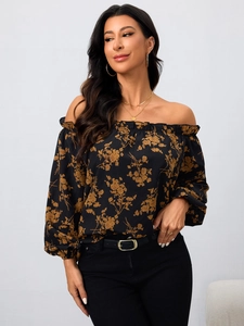 Damen Bluse Mit Blumenmuster Off Shoulder Polyester Elegant Langarm U-Boot-Ausschnitt Slim Top