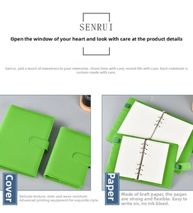 Detail of A5 A6 Macaron green PU leather notebook with metal ring binder and magnetic buckle