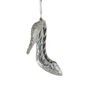 Transparent acrylic high heel Christmas tree ornament with sparkling silver glitter finish