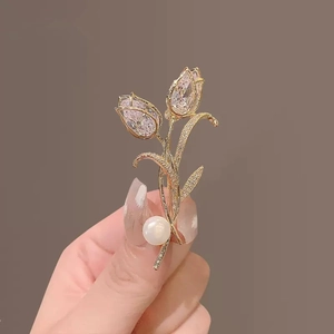 Elegant gold tulip brooch with pink zircon petals and pearl accent for women