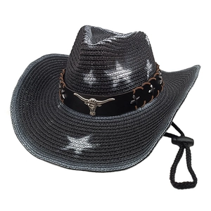 Black straw western cowboy hat featuring a silver bull head metal badge and chin strap