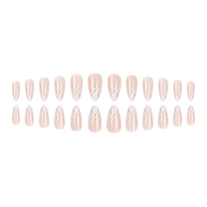 24pcs nude almond press-on nails with white flowing lines and silver glitter details