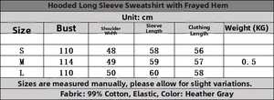 Detailed size chart for raw hem hooded sweatshirt set in light heather grey fabric