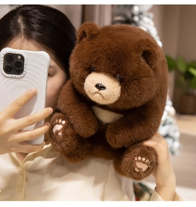 Close-up of soft dark brown teddy bear plush with detailed paw embroidery and fluffy fur