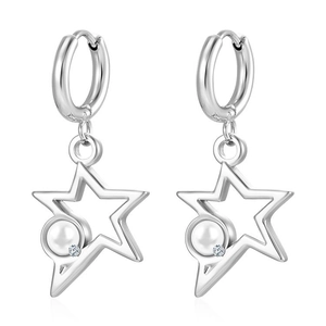 Close-up of silver hoop earrings with hollow star pendants and white pearl accents