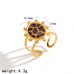 18k gold plated stainless steel ring with oval leopard print center and beaded band
