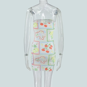 Back view of bodycon tube dress with colorful cherry and lemon fruit print pattern