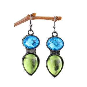 Boucles d'oreilles vintage avec pierres bleues facettées et pendentifs gouttes vertes