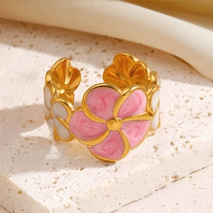 Pink and white enamel flower ring in gold adjustable stainless steel band