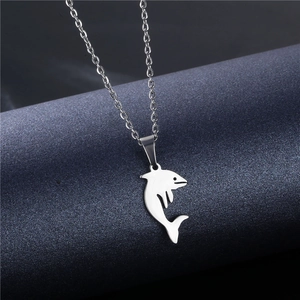 Minimalist silver dolphin pendant necklace in polished stainless steel with fine O-chain