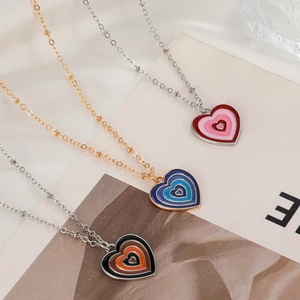 Colorful gradient enamel heart pendant necklaces with delicate beaded chains for women