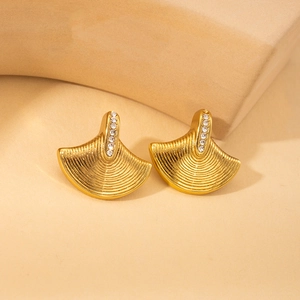 18K gold plated titanium fan-shaped stud earrings featuring sparkling white zircon inlay