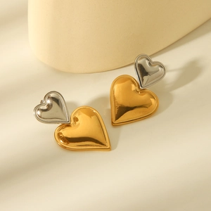 Fashionable dual-tone gold and silver heart-shaped stainless steel stud earrings for women
