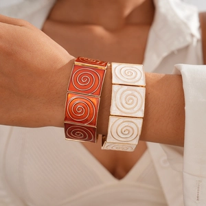 Vintage elastic square link bracelets with enamel drip oil and golden spiral patterns