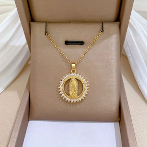 Stainless Steel Virgin Of Guadalupe Pendant Necklace Gold Plated Religious Portrait Circular Rhinestone Inlaid Chain Jewelry For Women