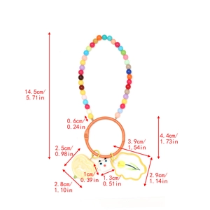 Detailed dimension guide for a colorful beaded keychain with cute cartoon pendants