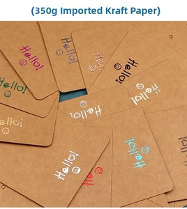 Close-up of stacked kraft paper jewelry cards with colorful Hello prints and smile patterns