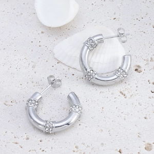 Bamboo style silver stainless steel C-shape earrings with inlaid crystals on coral texture