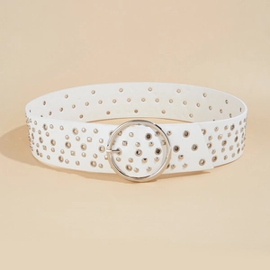 Detail of white PU leather belt featuring silver metal rivets and hollow round eyelets