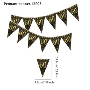 Close-up of black and gold 60th birthday triangle banner bunting with 12PCS size info