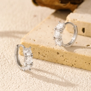 Sparkling S925 sterling silver huggie earrings with three VVS1 moissanite stones