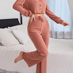 Women's two-piece ribbed knit pajama set with long sleeve button cardigan and wide-leg pants
