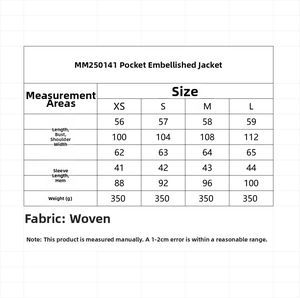 Size chart for long sleeve jacket including length, bust, and shoulder measurements