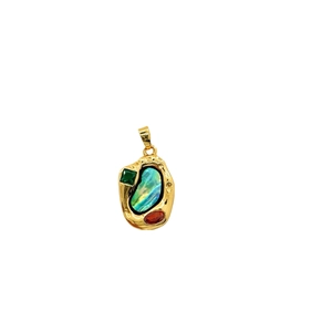 Vintage gold-plated necklace pendant with iridescent shell and colorful gemstones