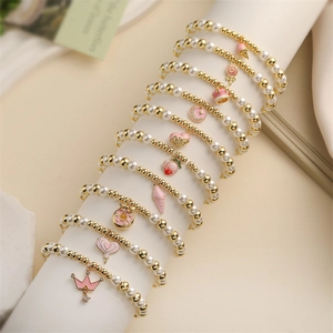 Beaded Bracelet With Copper Beads And Imitation Artificial Pearl Pink Enamel Pendants Sweet Cute Fashion Jewelry For Women Girls