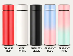 Detail view of colorful 316 stainless steel vacuum flasks with smart LED temperature displays