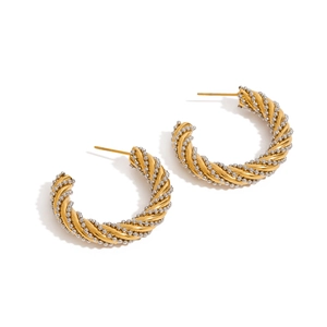 Boucles d'oreilles créoles en forme de C bicolores or 18k et argent au style torsadé