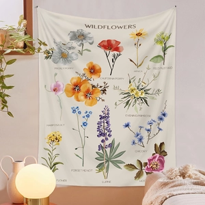 Detail of bohemian tapestry featuring wildflower illustrations and botanical names on beige fabric