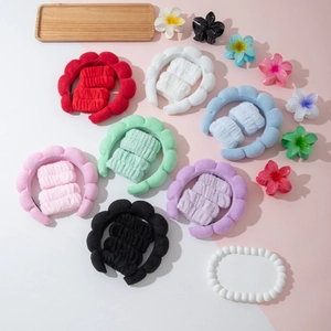 Microfiber puffy sponge headband and wristband set in seven various colors for face washing