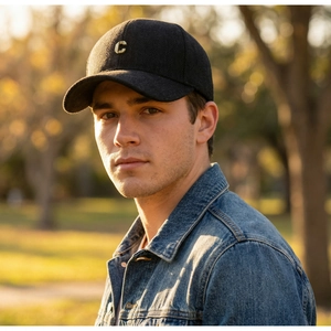 Detail of dark grey tweed baseball cap featuring a metallic letter C on the front crown